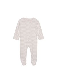 Randig one-piece plagg i mjuk bomull. Har långa ärmar, rund halsringning, knäppning framtill och ribbade ärmslut. Färger: ljusrosa och vit.