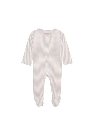 Randig one-piece plagg i mjuk bomull. Har långa ärmar, rund halsringning, knäppning framtill och ribbade ärmslut. Färger: ljusrosa och vit.
