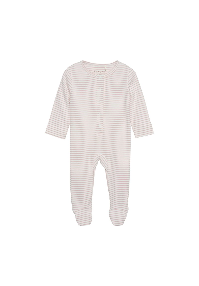 Randig one-piece plagg i mjuk bomull. Har långa ärmar, rund halsringning, knäppning framtill och ribbade ärmslut. Färger: ljusrosa och vit.