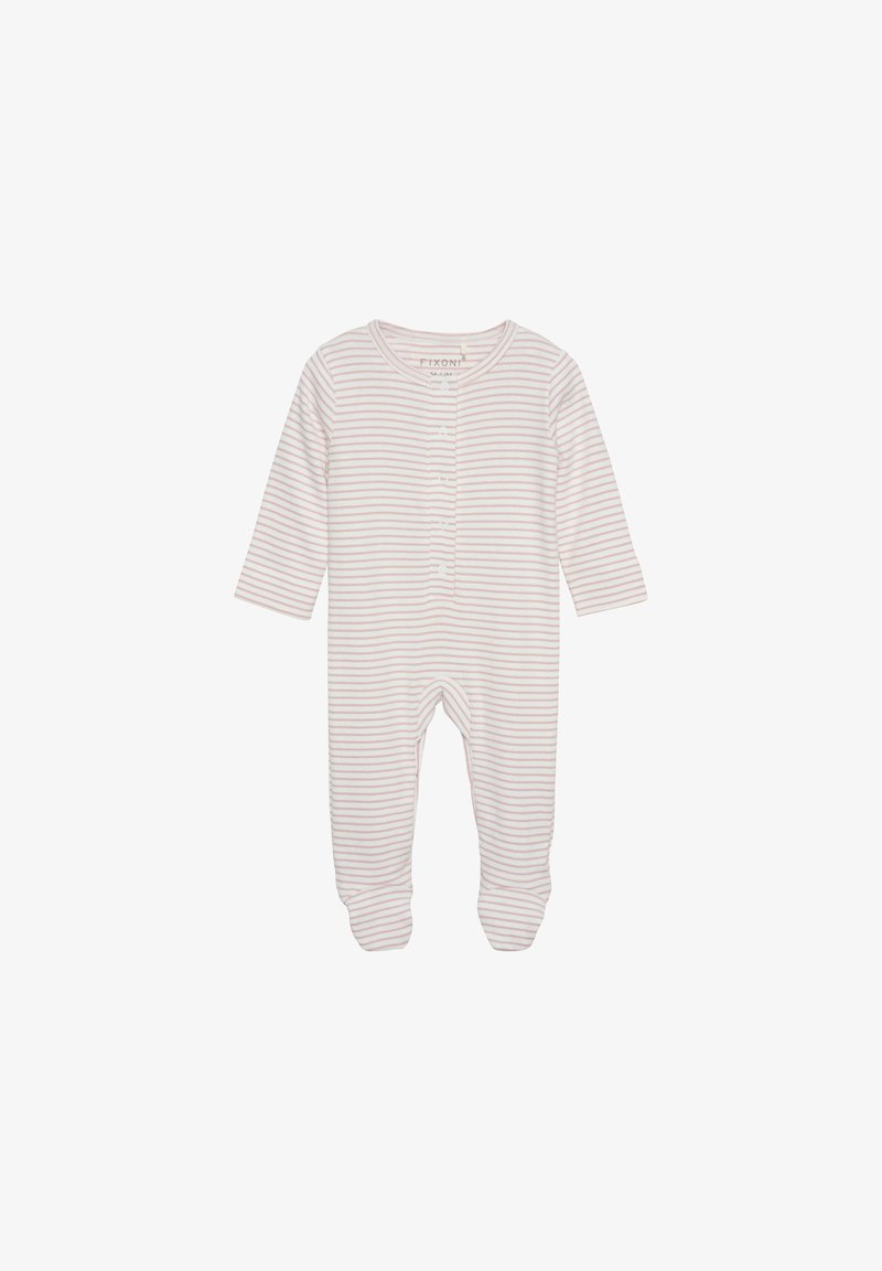 Randig one-piece plagg i mjuk bomull. Har långa ärmar, rund halsringning, knäppning framtill och ribbade ärmslut. Färger: ljusrosa och vit.