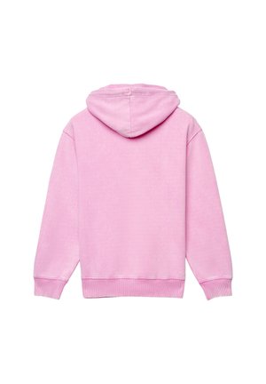 Rosa Kapuzenpullover, weicher Stoff, mit Kapuze sowie gerippten Bündchen und Saum. Schlichtes Design ohne Muster. Rückansicht, die die glatte Textur zeigt.