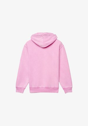 Rosa Kapuzenpullover, weicher Stoff, mit Kapuze sowie gerippten Bündchen und Saum. Schlichtes Design ohne Muster. Rückansicht, die die glatte Textur zeigt.