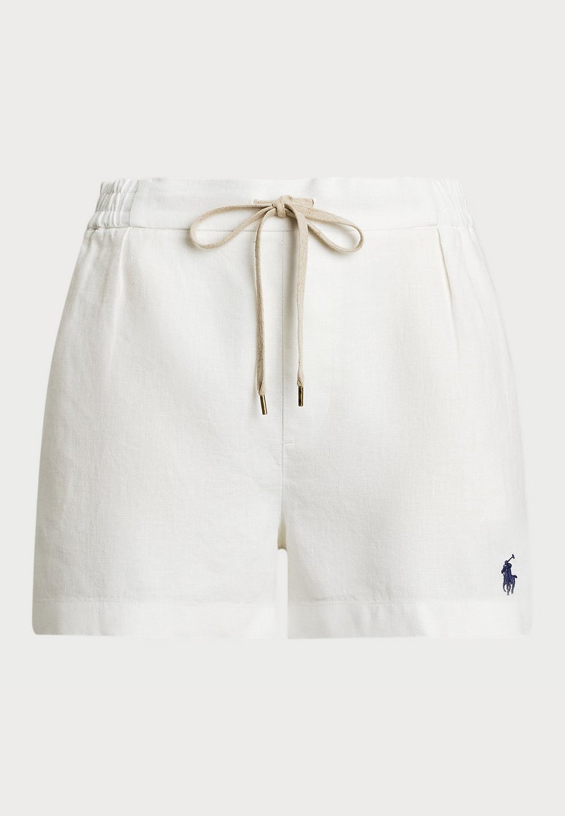 White linen shorts with an elastic waistband, beige drawstring, and small navy logo on the left side. Features relaxed fit and side pockets.