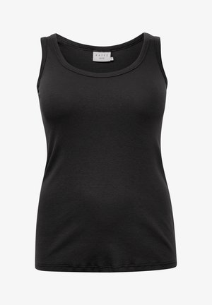 Fekete ujjatlan póló bordázott anyagból. Kerek nyakkivágással és széles pántokkal rendelkezik. Egyszerű dizájn, minta vagy díszítés nélkül.