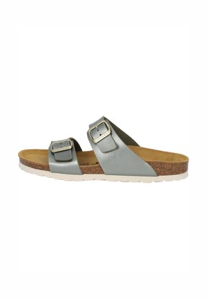 Two-buckle slide sandal in soft gray leather with a cork footbed and white rubber sole. Features adjustable straps for a secure fit.