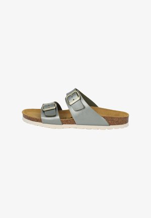 Sandalia de dos hebillas en suave cuero gris con plantilla de corcho y suela de goma blanca. Cuenta con correas ajustables para un ajuste seguro.