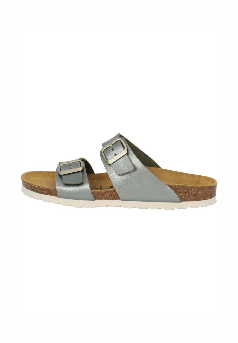 Sandalia de dos hebillas en suave cuero gris con plantilla de corcho y suela de goma blanca. Cuenta con correas ajustables para un ajuste seguro.