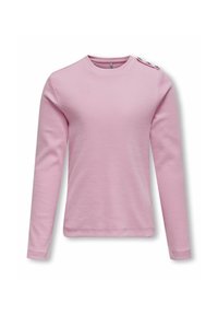 Maglietta rosa a maniche lunghe realizzata in tessuto a costine, con scollatura rotonda e bottoni decorativi sulla spalla. Texture liscia, vestibilità comoda.