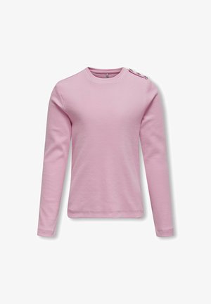 Maglietta rosa a maniche lunghe realizzata in tessuto a costine, con scollatura rotonda e bottoni decorativi sulla spalla. Texture liscia, vestibilità comoda.