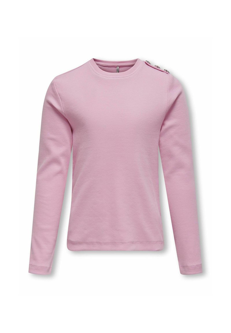 Maglietta rosa a maniche lunghe realizzata in tessuto a costine, con scollatura rotonda e bottoni decorativi sulla spalla. Texture liscia, vestibilità comoda.