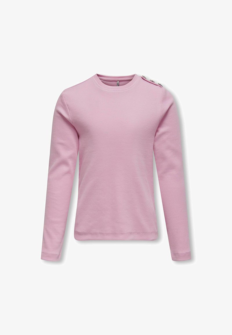 Maglietta rosa a maniche lunghe realizzata in tessuto a costine, con scollatura rotonda e bottoni decorativi sulla spalla. Texture liscia, vestibilità comoda.