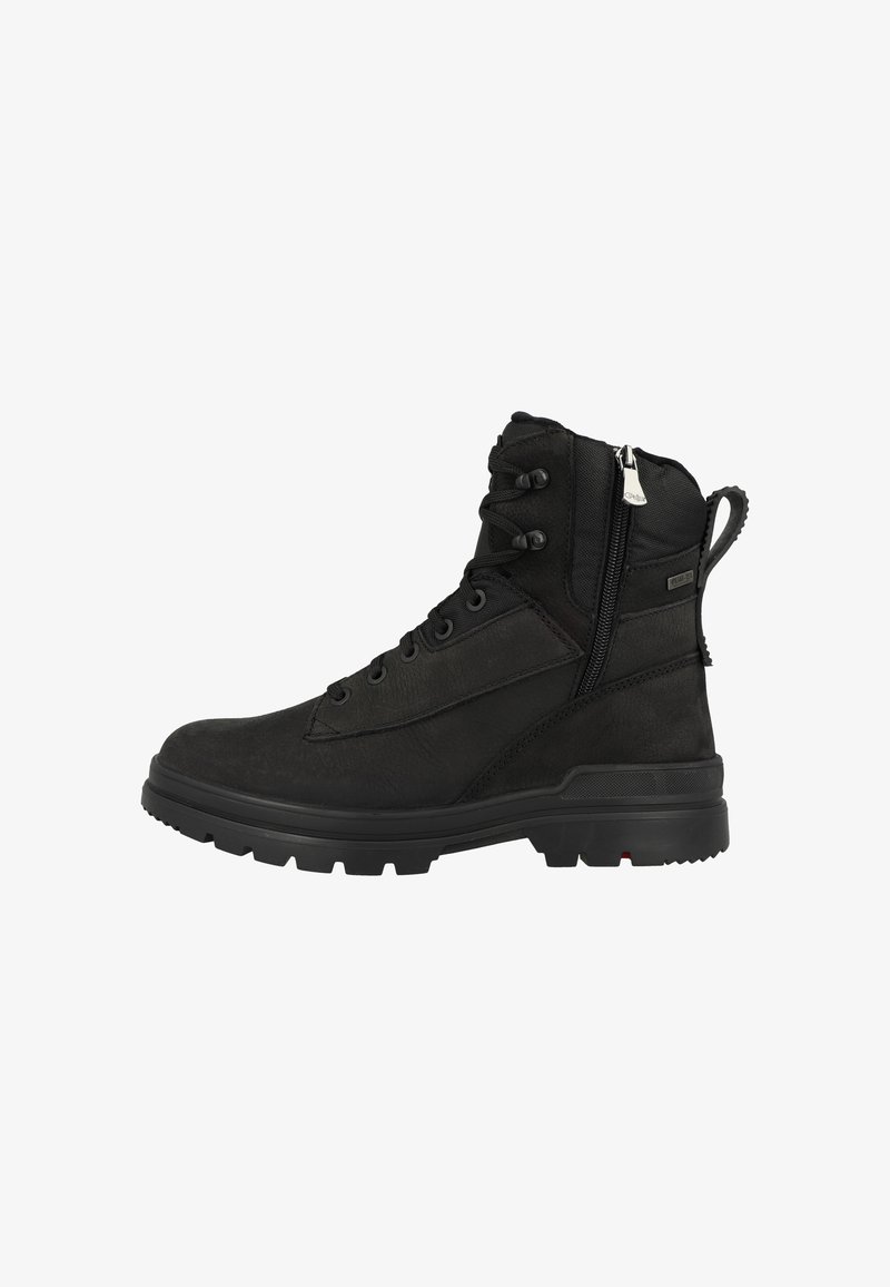 Schwarze wasserfeste Stiefelette mit einem strukturierten Lederobermaterial, Schnürung vorne, seitlichem Reißverschluss und rutschfester Gummisohle für besseren Halt.