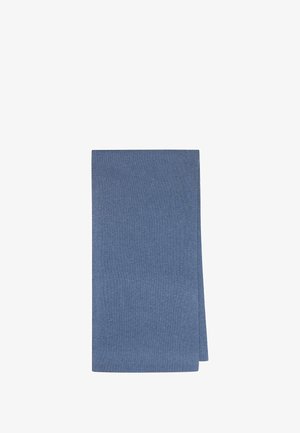 Blue ribbed scarf crafted from soft fabric, featuring a smooth texture and rectangular shape. No visible patterns or accents.