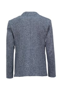 Blazer in lana di colore blu navy con un motivo a quadri testurizzati. Presenta un colletto standard e maniche lunghe; design con schiena aperta senza chiusure.