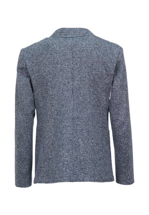 Blazer in lana di colore blu navy con un motivo a quadri testurizzati. Presenta un colletto standard e maniche lunghe; design con schiena aperta senza chiusure.