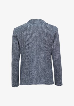 Wollen blazer in navy met een gestructureerd ruitpatroon. Beschikt over een standaardkraag en lange mouwen; ontwerp met open rug zonder sluitingen.