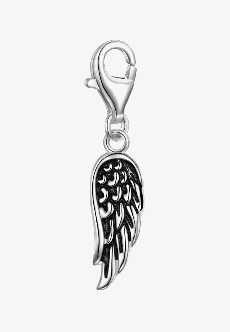 Hõbedane metallist ripats, millel on fotorealistlik ingli tiiva disain mustade aktsentidega, mis on kinnitatud tugeva homaariklambriga, et tagada mitmekesisus.