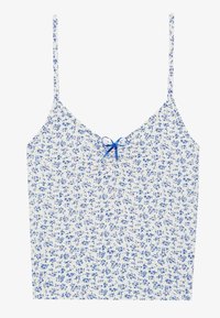 Blomstrete cami med hvit bakgrunn, prydet med små blå blomster, justerbare tynne stropper og en sentral blå knyte detalj.