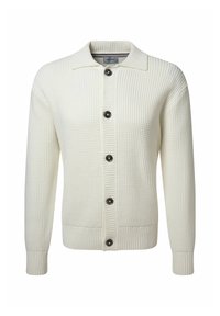 Cremfarbener Cardigan aus strukturiertem Stoff mit Kragen, gerippten Bündchen und fünf großen schwarzen Knöpfen an der Vorderseite.