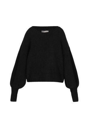 Mustan pikniküsigän pikkade varrukatega kootud sviiter ringkaelusega ning soonikute ja äärega, esitatud valgel taustal.