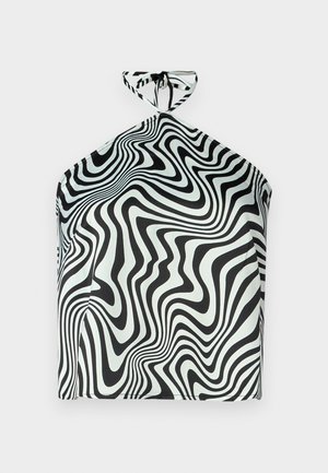 Črna in bela halter top s spiralo valovitim vzorcem, narejena iz gladkega blaga z zavezovanjem na vratu.