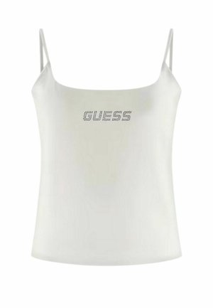 Top camicia bianca con spalline sottili e logo "GUESS" formato da piccoli puntini neri al centro del petto.