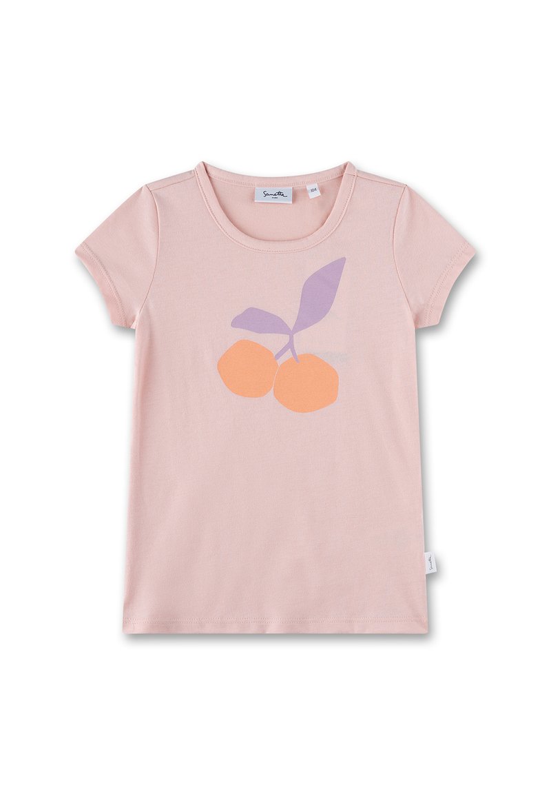 Light pink cotton t-shirt featuring a print of two orange fruits with a purple leaf. Short sleeves and a rounded neckline.