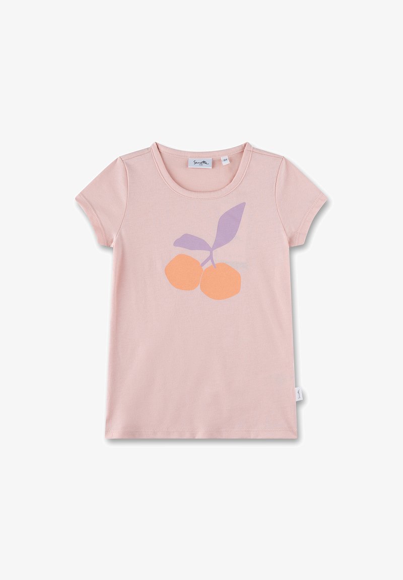 Light pink cotton t-shirt featuring a print of two orange fruits with a purple leaf. Short sleeves and a rounded neckline.