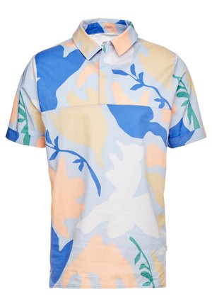 Polo manches courtes avec col présentant des motifs abstraits de feuilles bleues, beiges, pêche, blanches et vertes.