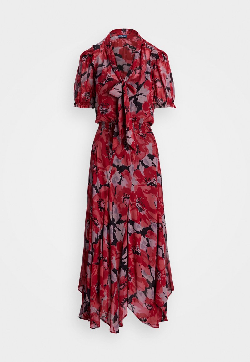 Sarkans ziedu kleita ar īsām puff piedurknēm, ar loku apkaklē un asimetrisku apakšmalu. Viegls audums ar lieliem rozā un melniem ziedu rakstiem.