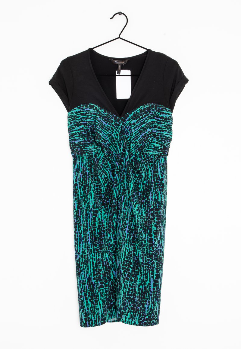 Schwarzes kurzärmliges Kleid mit V-Ausschnitt und grün-blauem abstraktem Muster, das in der Brustpartie Raffung aufweist und ein gerades Rockdesign hat.