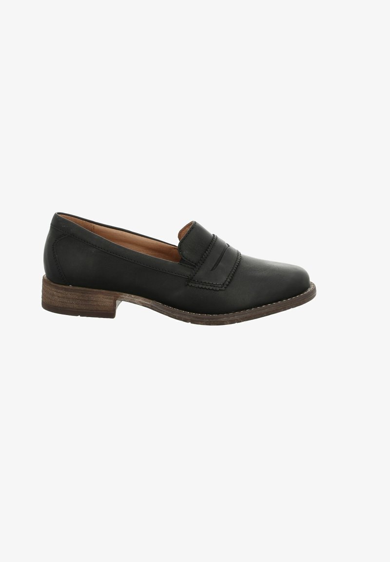 Schwarze Lederloafer mit niedrigem Holzabsatz, ausgestattet mit zwei horizontalen Riemen und einer genähten Naht entlang der Kante.