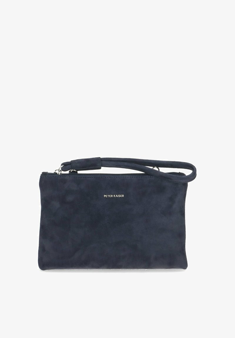 Marineblaues Wildleder-Clutch mit Reißverschluss und kurzem Griff. Sie verfügt über ein dezentes Logo auf der Vorderseite, eine glatte Oberfläche und ein minimalistisches Design.