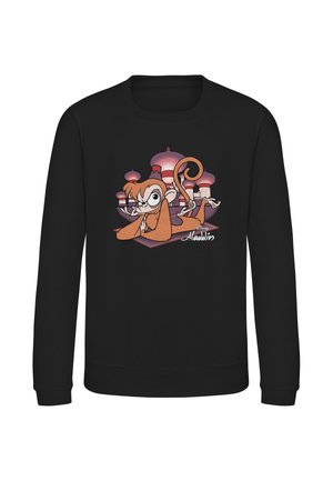 Sort sweatshirt med tegneserieabe liggende på et flyvende tæppe foran paladsets kupler, med Disney Aladdin tekst nedenunder.