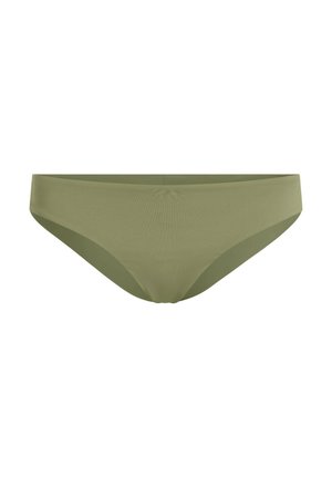 Bas de bikini vert olive en tissu lisse, présentant une coupe taille basse avec une couverture minimale, des lignes épurées et sans aucune pièce métallique visible.