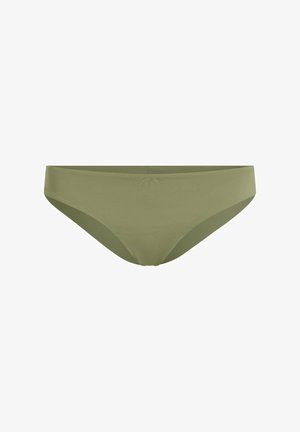 Bas de bikini vert olive en tissu lisse, présentant une coupe taille basse avec une couverture minimale, des lignes épurées et sans aucune pièce métallique visible.