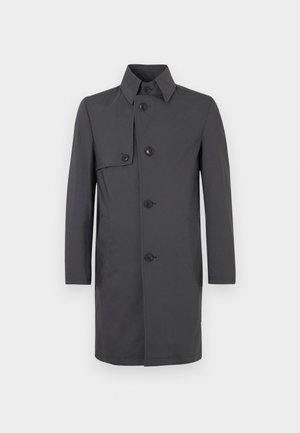 Gray waterproof trench coat with long sleeves, five front buttons, a collar, and two side pockets; smooth texture and minimal design.
