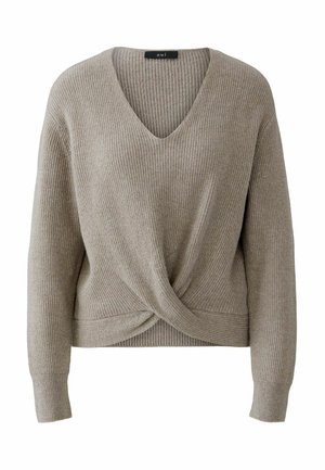 Hellbeige Pullover mit V-Ausschnitt, gerippter Textur, langen Ärmeln und knotigem Design an der Taille. Aus einem weichen Strickmaterial gefertigt.