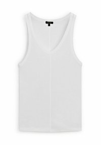 Débardeur blanc sans manches avec un col en V. Texture lisse et conception simple, sans motifs ni ornements.