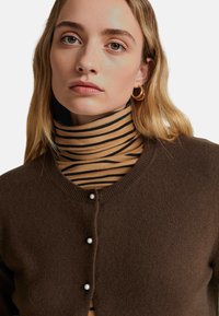 Hnědý svetr s perlovými knoflíky přes krémový a černý pruhovaný rolák. Má kulatý výstřih a měkkou texturu.