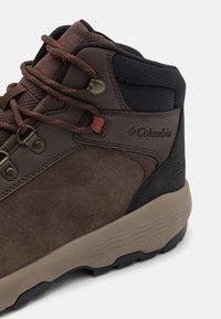 Brązowe buty trekkingowe z cholewką z zamszu i siateczki, okrągłymi sznurówkami z metalowymi oczkami oraz teksturowaną gumową podeszwą. Logo Columbia z boku.