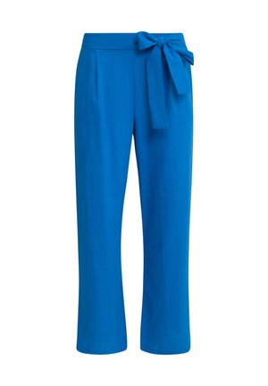 Blauwe, lichte stof broek met een brede pijp, voorzien van een gestrikt tailleband en twee voorzakken. Glad textuur en casual ontwerp.