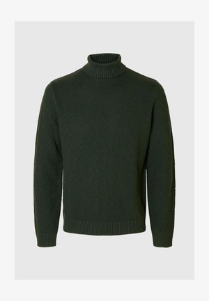 Pull en col roulé vert foncé, texturé avec un motif en chevron. Dispose de poignets et d'un ourlet côtelés. Fait en matériau tricoté doux.