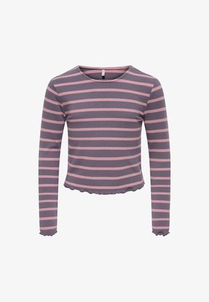 Langærmet ribbet crop top med skiftevis lyserøde og grå horisontale striber og en let rynket kant og manchetter.