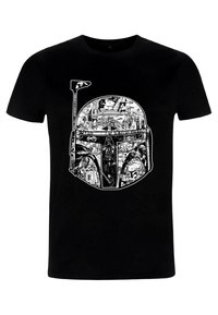 Camiseta de algodón negra con un gráfico blanco de un casco de Boba Fett, lleno de escenas de un universo de ciencia ficción, que enfatiza los detalles intrincados.