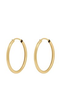 Guldörhängen i form av hoop med en slät, polerad yta, som har en cirkulär form och ett säkert lås för enkel användning.