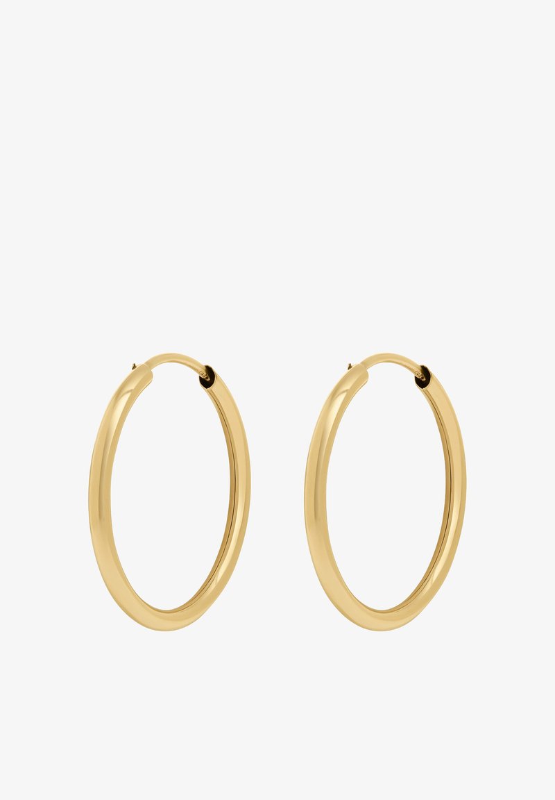 Orecchini a cerchio in oro con superficie liscia e lucida, caratterizzati da una forma circolare e una chiusura sicura per un facile indossamento.