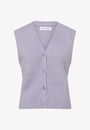 Lavender sleeveless cardigan made of textured knit fabric, featuring a V-neck, five button closure, and ribbed hem.