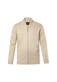 Světlý béžový propínací svetr z texturovaného úpletu, který má vysoký límec, žebrované manžety a barevné fleky po celé látce.