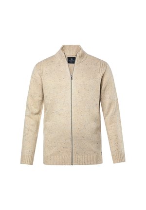 Cardigan zip-up color beige chiaro realizzato in maglia testurizzata, con colletto alto, polsini a coste e sfumature multicolori in tutto il tessuto.